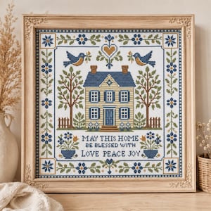 Blessed Home Folk Art Sampler Cross Stitch Pattern PDF – House Bird Floral Design
