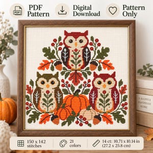 Può includere: Uno schema a punto croce con tre gufi circondati da zucche, ghiande e foglie autunnali nei toni del rosso, arancione, marrone e verde. Il disegno include 150 per 142 punti, 21 colori e misura 27,2 per 25,8 cm su tela 14 count.