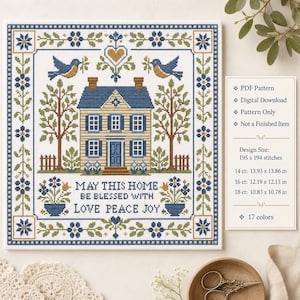 Blessed Home Folk Art Sampler Cross Stitch Pattern PDF – House Bird Floral Design