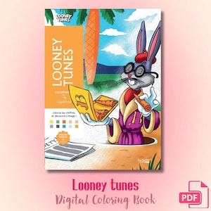 Può includere: Una copertina di un libro da colorare Looney Tunes con Bugs Bunny che indossa un basco rosso, occhiali rotondi e una vestaglia viola. Il personaggio tiene in mano una scatola gialla di carote. La copertina include il testo Looney Tunes, Coloriage mystères e Atelier Créatif.