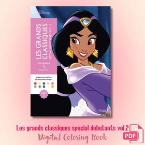 May include: A Disney coloring book titled Les Grands Classiques Spécial Débutants Vol. 2 featuring an illustration of Princess Jasmine with black hair, gold earrings, and a purple outfit. The cover includes a color palette and text in French.
