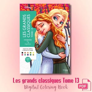 Może przedstawiać: Kolorowanka Disney zatytułowana Les Grands Classiques Tome 13 z ilustracją przedstawiającą dwie postacie o blond i kasztanowych włosach w uścisku. Okładka zawiera pionowy turkusowy panel z białym tekstem oraz paletę kolorów.