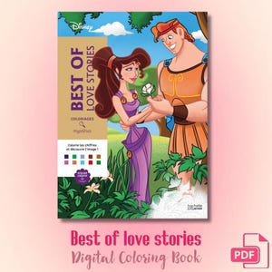 May include: A Disney Best of Love Stories coloring book featuring Hercules and Megara on the cover. The illustration shows the two characters in a garden setting with text that reads Best of Love Stories, Coloriages mystères, and Atelier Créatif.