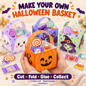 Puede incluir: Un kit de manualidades en papel con cuatro cestas cuadradas pequeñas con asas, decoradas con motivos de Halloween como una calabaza, un fantasma, una bruja y murciélagos. Incluye dulces de papel recortables y el texto Make Your Own Halloween Basket.
