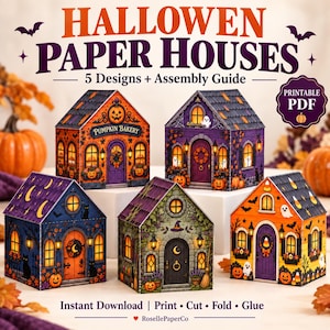 Puede incluir: Cinco casas de papel en miniatura con temas de Halloween, incluyendo una panadería de calabazas y estructuras con fantasmas. El texto dice HALLOWEN PAPER HOUSES, 5 Designs + Assembly Guide, PRINTABLE PDF, e Instant Download | Print • Cut • Fold • Glue.
