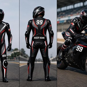 May include: A black, white, and red leather motorcycle racing suit featuring the number 99 on the chest, knees, and back, with the text RIDER NAME on the lower back, shown in front, back, and side views while riding a black sport motorcycle.