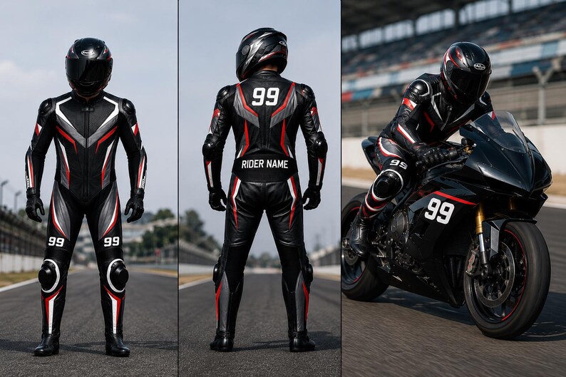 May include: A black, white, and red leather motorcycle racing suit featuring the number 99 on the chest, knees, and back, with the text RIDER NAME on the lower back, shown in front, back, and side views while riding a black sport motorcycle.