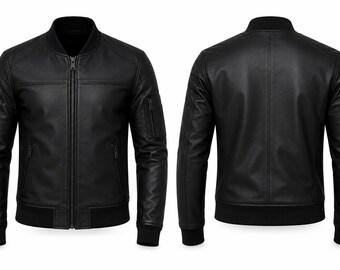 Herren-Bomberjacke aus echtem Schafsleder - mattschwarz, gerippter Kragen, Reißverschlusstaschen