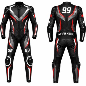 May include: A black motorcycle racing suit featuring red and white accents, protective armor on shoulders, elbows, and knees, the number 99 on the chest and back, and a white panel on the lower back with the text RIDER NAME printed in black.