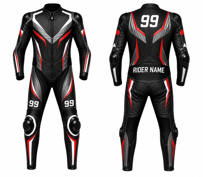 May include: A black motorcycle racing suit featuring red and white accents, protective armor on shoulders, elbows, and knees, the number 99 on the chest and back, and a white panel on the lower back with the text RIDER NAME printed in black.