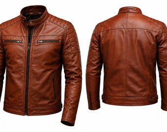 Herren Cognac Braun Echtleder Gesteppte Bikerjacke - Slim Fit Motorrad-Stil