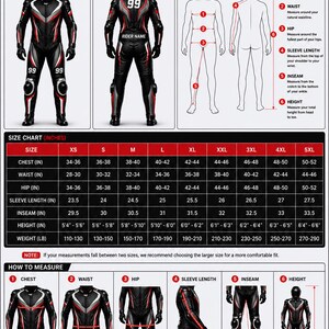 May include: A Kaku Global Service size chart for motorcycle racing suits. It features front and back views of a black, white, and red suit, a body diagram with numbered measurement points, and a detailed table listing sizes from XS to 5XL in inches.