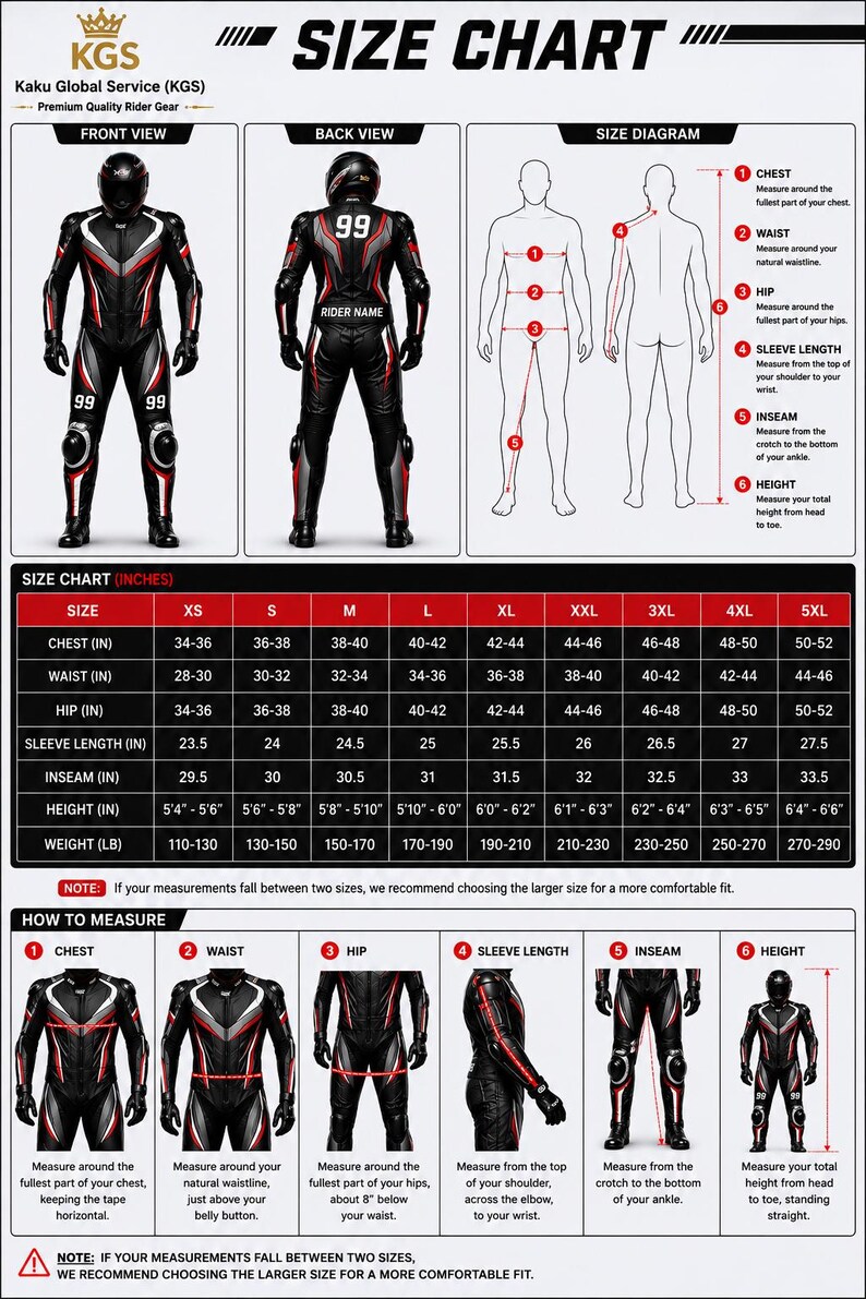 May include: A Kaku Global Service size chart for motorcycle racing suits. It features front and back views of a black, white, and red suit, a body diagram with numbered measurement points, and a detailed table listing sizes from XS to 5XL in inches.