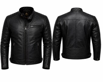 Schwarze Cafe Racer Schaflederjacke für Herren - Gesteppter Motorrad-Stil