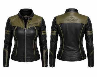KGS Damen Biker-Lederjacke - Black & Olive Edition
