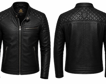 Echtes Schafleder gesteppte Schulter Bikerjacke | Schwarzer Mantel im Motorrad-Stil