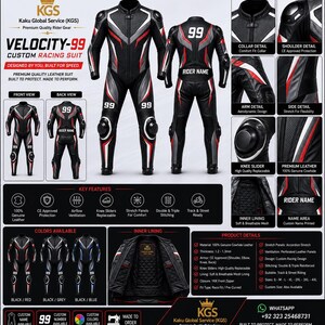 May include: A black, white, and red leather racing suit featuring the text Velocity-99, KGS branding, and the number 99. The suit includes replaceable knee sliders, accordion stretch panels, perforated leather for ventilation, and a breathable mesh inner lining.