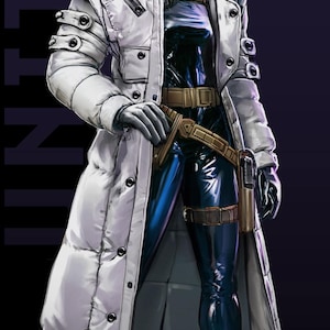 May include: A digital illustration of a character with purple hair wearing a white puffer trench coat over a shiny dark blue bodysuit. The character wears a metallic headpiece, a utility belt with a holster, and boots. Text reads UNIT 9, MAJOR KUROGANE, and JULY.