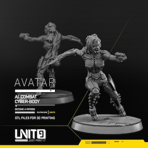 May include: A gray 3D printed miniature figure of a cybernetic combatant in a dynamic pose, holding a weapon. The text on the image reads AVATAR AI COMBAT CYBER-BODY, BECOME A PATRON, PATREON UNITS, STL FILES FOR 3D PRINTING, and UNIT9 JUST PRINT IT.