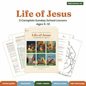 May include: A digital download of Life of Jesus, 6 complete Sunday school lessons for ages 5-12. The set includes teacher guides, worksheets, crafts, games, and memory verses. The cover features six illustrated scenes depicting biblical events.