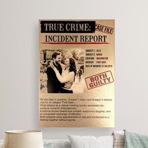Könnte beinhalten: Ein rechteckiges Wandschild aus Metall mit gebürstetem Gold-Finish und dem Text TRUE CRIME: INCIDENT REPORT. Es enthält ein schwarz-weißes Foto eines Paares, Falldetails zu Alex und Maria sowie einen roten Stempel mit der Aufschrift BOTH GUILTY.