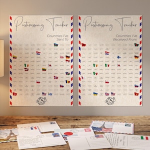 May include: Two vertical Postcrossing Tracker posters with a cream background and red and blue airmail-style borders. Each poster features a grid of country names with select national flags and a globe icon at the bottom, labeled Countries I've Sent To and Countries I've Received From.