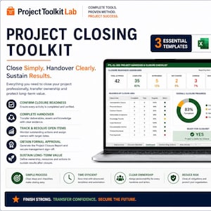 Könnte beinhalten: Ein Projekt-Abschluss-Toolkit von Project Toolkit Lab mit einem Laptop, der ein Dashboard zur Projektübergabe und -schließung anzeigt, sowie Vorlagen für einen Abschlussbericht und Nachhaltigkeitsplan, inklusive Excel-, Word- und PMP-Symbolen.
