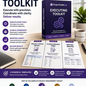 May include: A ProjectToolkitLab Executing Toolkit box set with three printed templates: Project Status Report, Change Request Form, and Meeting Minutes. The display includes text detailing project management phases, PMP certification, and editable document features for Word and Excel.