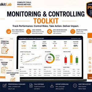 Könnte beinhalten: Ein Monitoring & Controlling Toolkit mit einem zentralen Dashboard, das Leistungskennzahlen, Diagramme und Risikostatus anzeigt. Um den Bildschirm herum befinden sich verschiedene Dokumentvorlagen, darunter ein Projektüberwachungssystem.