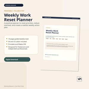 May include: A digital Weekly Work Reset Planner document featuring a 10-page guided layout. The text includes 'Weekly Work Reset Planner', 'Printable + Fillable PDF', and 'Working Measure'. The design uses a cream background with dark blue text.