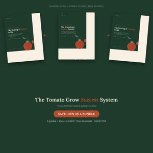 Op de afbeelding: Een digitaal pakket genaamd The Tomato Grow Success System met drie gidsen: The Staking & Support Guide, The Watering & Feeding System en The Pruning & Training Guide. Elke gids heeft een donkergroene omslag met een rode tomaat als illustratie.