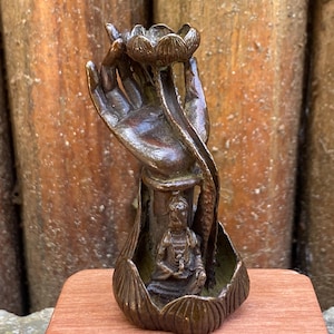 Antique Copper Buddha Hand Lotus Incense Fountain, Sitting Kwan Yin Backflow Incense Burner, Tiny Zen Meditation Decor Gift for Buddhist,
