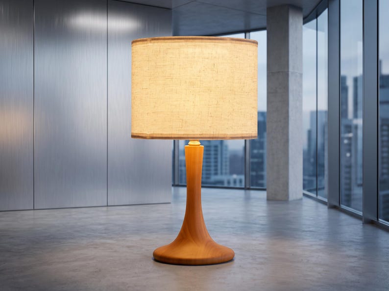 May include: A table lamp featuring a smooth, light-toned wooden base with a flared, circular pedestal. The lamp is topped with a cylindrical, textured beige fabric lampshade that emits a warm, soft glow, illuminating the surrounding space.