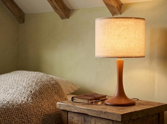Modern Wood Table Lamp, Rustic Bedside Nightstand Lamp, Unique Desk Lamp for Home Decor