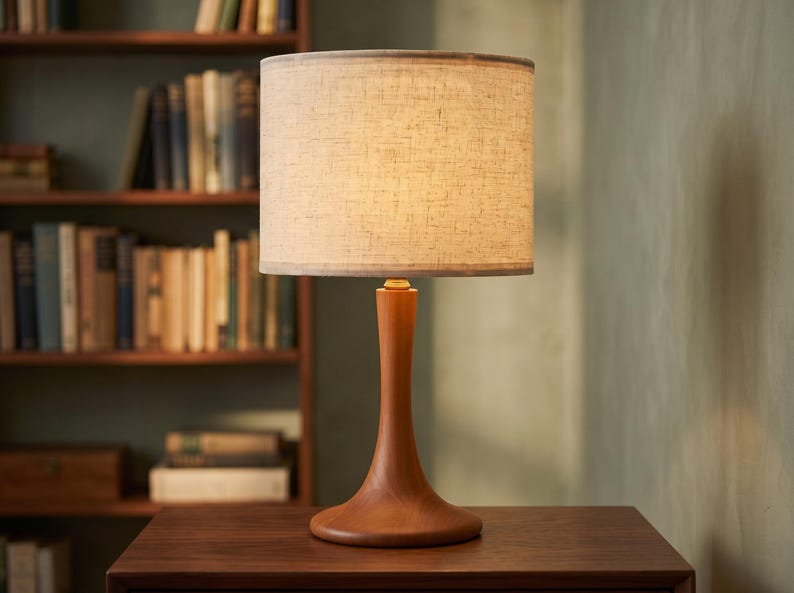 May include: A table lamp with a smooth, curved, medium-brown wooden base and a cylindrical, textured, off-white fabric lampshade. The lamp emits a warm, soft glow, illuminating the shade while resting on a flat, dark-toned wooden surface.