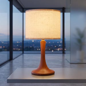 May include: A table lamp featuring a smooth, curved wooden base with a warm brown finish and a cylindrical, off-white fabric lampshade. The lamp emits a soft, diffused light, highlighting the natural wood grain texture of the base.