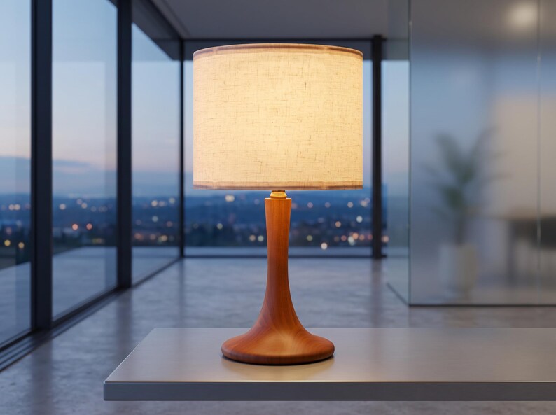 May include: A table lamp featuring a smooth, curved wooden base with a warm brown finish and a cylindrical, off-white fabric lampshade. The lamp emits a soft, diffused light, highlighting the natural wood grain texture of the base.
