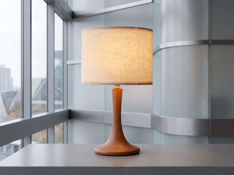 May include: A table lamp featuring a smooth, light brown wooden base with a curved, flared pedestal design. The lamp is topped with a cylindrical, textured off-white fabric lampshade that emits a soft, warm glow from the light source within.
