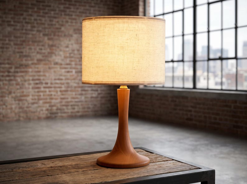 May include: A table lamp featuring a smooth, light brown wooden base with a curved, tapered stem and a wide, circular foundation. The lamp is topped with a cylindrical, off-white fabric lampshade that emits a warm, soft glow when illuminated.