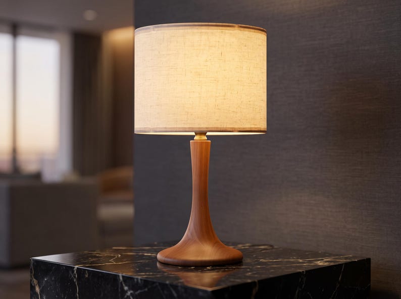 May include: A table lamp featuring a smooth, hourglass-shaped wooden base with a warm brown finish. The lamp is topped with a cylindrical, off-white fabric lampshade that emits a soft, diffused glow, creating a warm and inviting illumination.