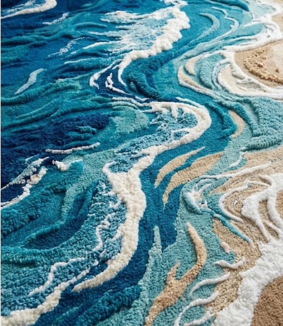 Hand Tufted Ocean Wave Rug, Abstract Coastal Wool Area Carpet, Luxury Irregular Beach Inspired Handmade Designer Rug