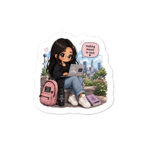 Könnte beinhalten: Ein Aufkleber mit einer Cartoon-Figur mit langem dunklen Haar und Brille, bekleidet mit schwarzer Jacke und blauer Jeans, die einen Laptop mit einem Girls Build The Future-Aufkleber nutzt. Eine Sprechblase enthält den Text making moves in tech.