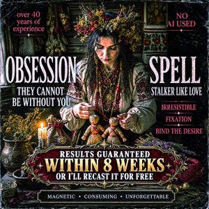 May include: A person wearing a floral crown and embroidered blouse holds two straw dolls connected by red thread. Text reads: OBSESSION SPELL, THEY CANNOT BE WITHOUT YOU, STALKER LIKE LOVE, IRRESISTIBLE FIXATION, BIND THE DESIRE, RESULTS GUARANTEED WITHIN 8 WEEKS.