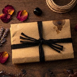May include: A rectangular package wrapped in brown kraft paper, tied with black twine in a cross pattern. The paper features a dark brown stain on the upper right corner. The package is surrounded by dried rose petals, lavender sprigs, a black stone, and a coil of jute rope.