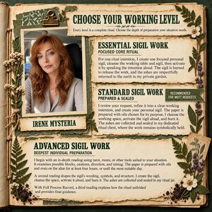 May include: A scrapbook-style page featuring a photograph of a person with long auburn hair, titled Irene Mysteria. The page includes text sections titled Choose Your Working Level, Essential Sigil Work, Standard Sigil Work, and Advanced Sigil Work.