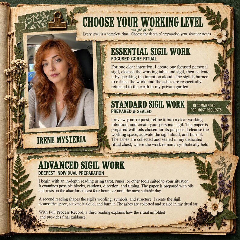 May include: A scrapbook-style page featuring a photograph of a person with long auburn hair, titled Irene Mysteria. The page includes text sections titled Choose Your Working Level, Essential Sigil Work, Standard Sigil Work, and Advanced Sigil Work.
