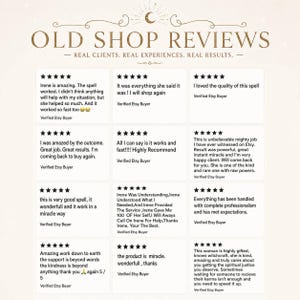 May include: A graphic display titled OLD SHOP REVIEWS with the subtitle REAL CLIENTS. REAL EXPERIENCES. REAL RESULTS. featuring twelve five-star customer reviews for a shop, each including text testimonials and the label Verified Etsy Buyer.