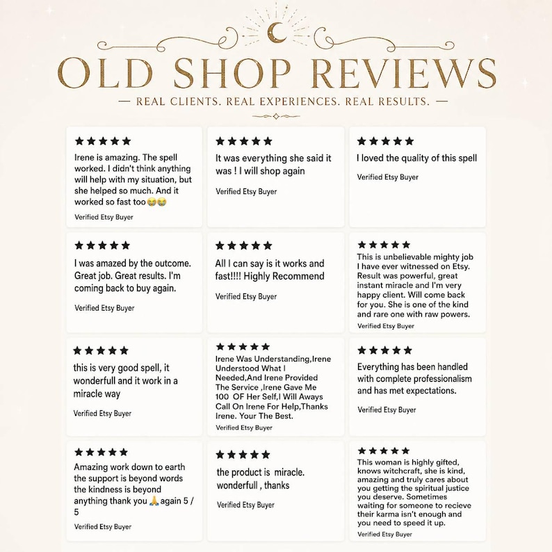 May include: A graphic display titled OLD SHOP REVIEWS with the subtitle REAL CLIENTS. REAL EXPERIENCES. REAL RESULTS. featuring twelve five-star customer reviews for a shop, each including text testimonials and the label Verified Etsy Buyer.