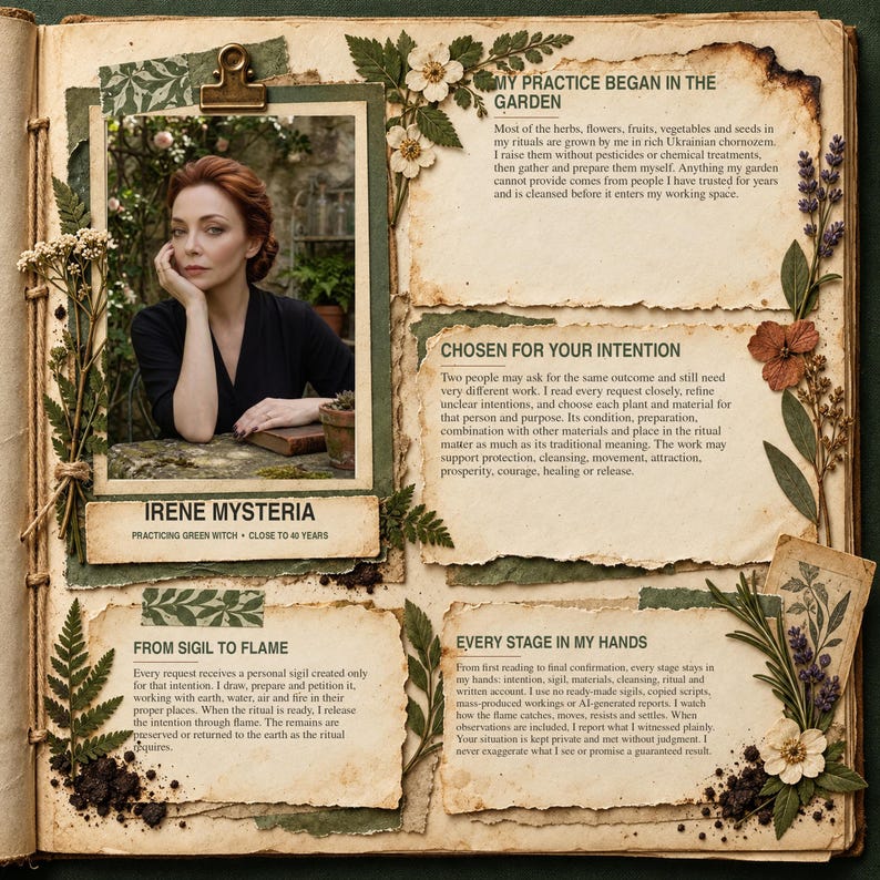 May include: A scrapbook page featuring a photograph of a person with auburn hair, surrounded by pressed flowers, herbs, and text blocks titled My Practice Began in the Garden, Chosen for Your Intention, Irene Mysteria, From Sigil to Flame, and Every Stage in My Hands.