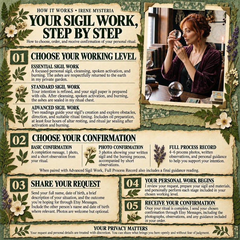 May include: An informational graphic titled HOW IT WORKS IRENE MYSTERIA YOUR SIGIL WORK, STEP BY STEP. It outlines five steps for ritual services, including choosing working levels, confirmation types, and request sharing, decorated with botanical illustrations.